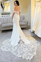 Elegant Sweetheart Off-The-Shoulder Mermaid Wedding Dress Satin Sleeveless zipper Back With Appliques Lace