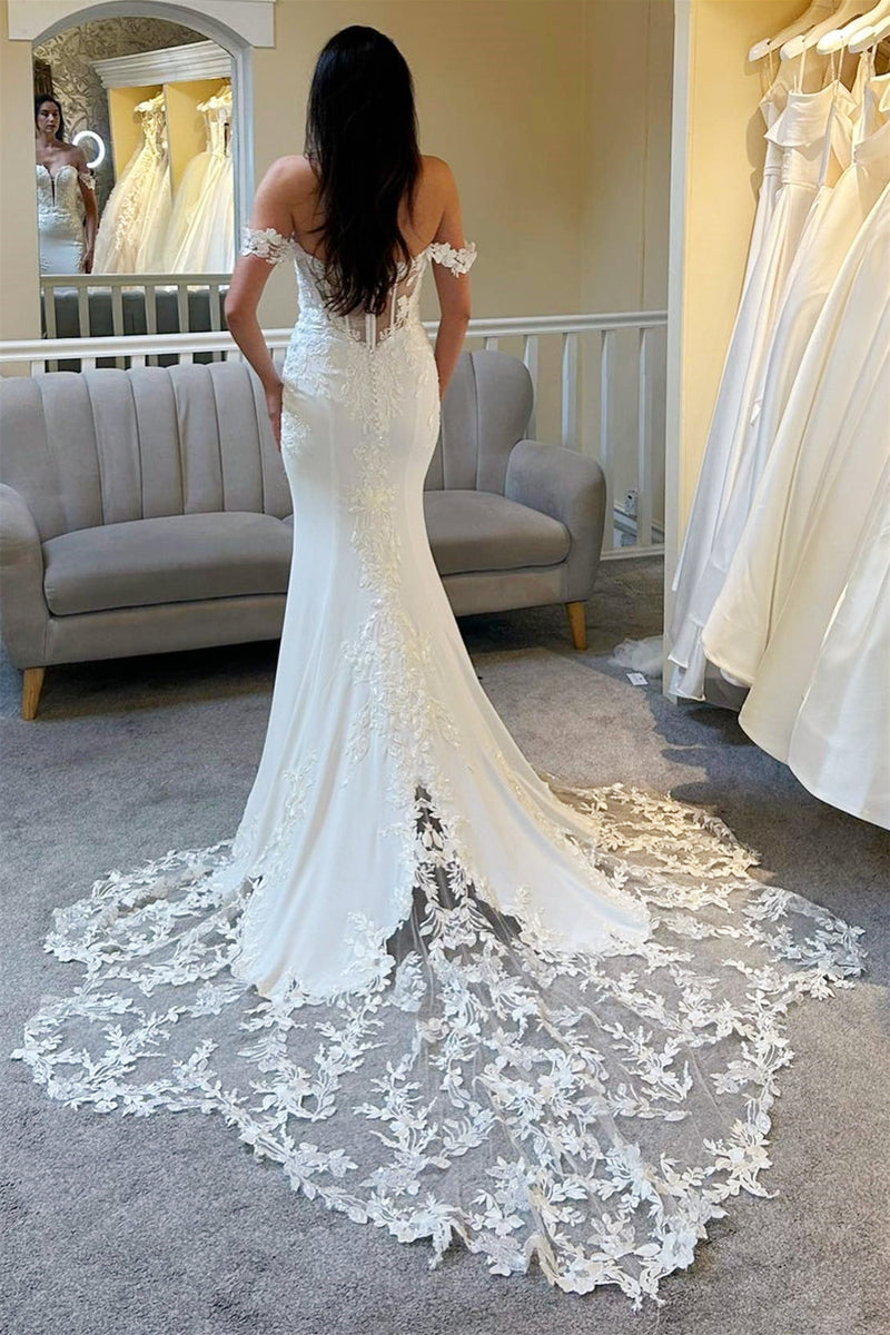 Elegant Sweetheart Off-The-Shoulder Mermaid Wedding Dress Satin Sleeveless zipper Back With Appliques Lace