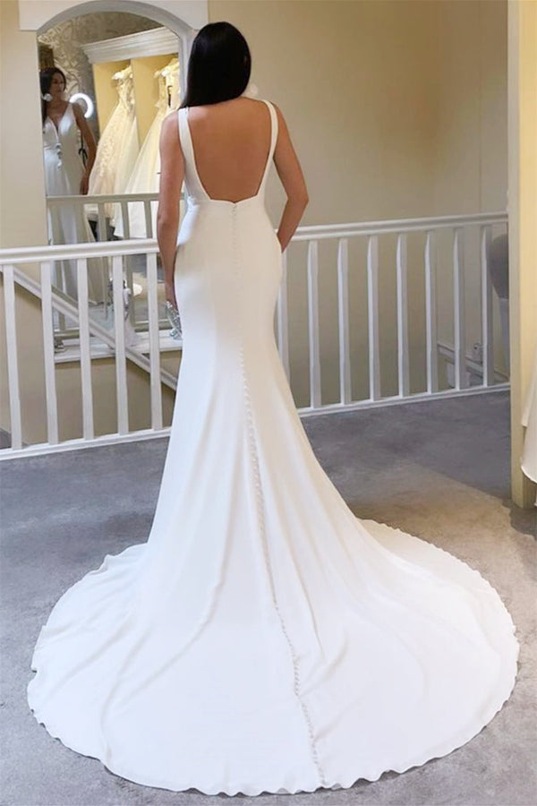 Charming V-Neck Straps Satin Mermaid Wedding Dresses Sleeveless Sheath Open Back With Buttons