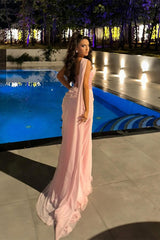 Elegant Pink Sweetheart Sleeveless Chiffon Prom Dress Sleeveless Sequins With Lace-Up Back