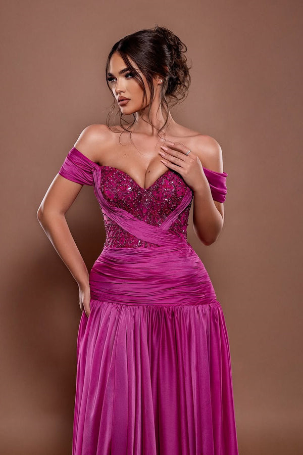Chic Fuchsia Off-The-Shoulder Sweetheart A-Line Prom Dress Satin With Beads