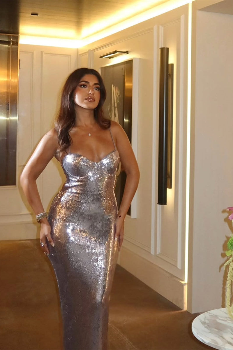 Dazzling Silver Spaghetti-Strap Sweetheart Sleeveless Prom Dresses Mermaid With Split