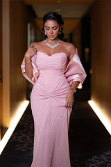 Gorgeous Pink Sweetheart Strapless Sequins Prom Dresses Detachable Wrap Sheath With Pleats