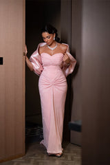 Gorgeous Pink Sweetheart Strapless Sequins Prom Dresses Detachable Wrap Sheath With Pleats