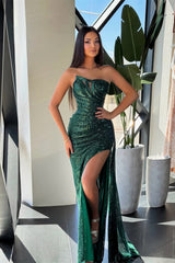 Charming Dark Green Strapless Sleeveless Prom Dresses High Split Mermaid With Beads