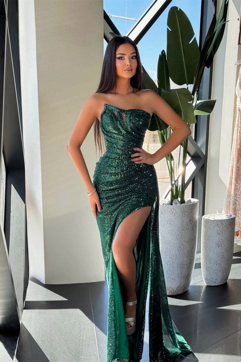 Charming Dark Green Strapless Sleeveless Prom Dresses High Split Mermaid With Beads