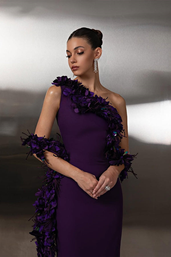 Charming Purple One Shoulder Sleeveless Satin Prom Dress Sheath Long With Flower