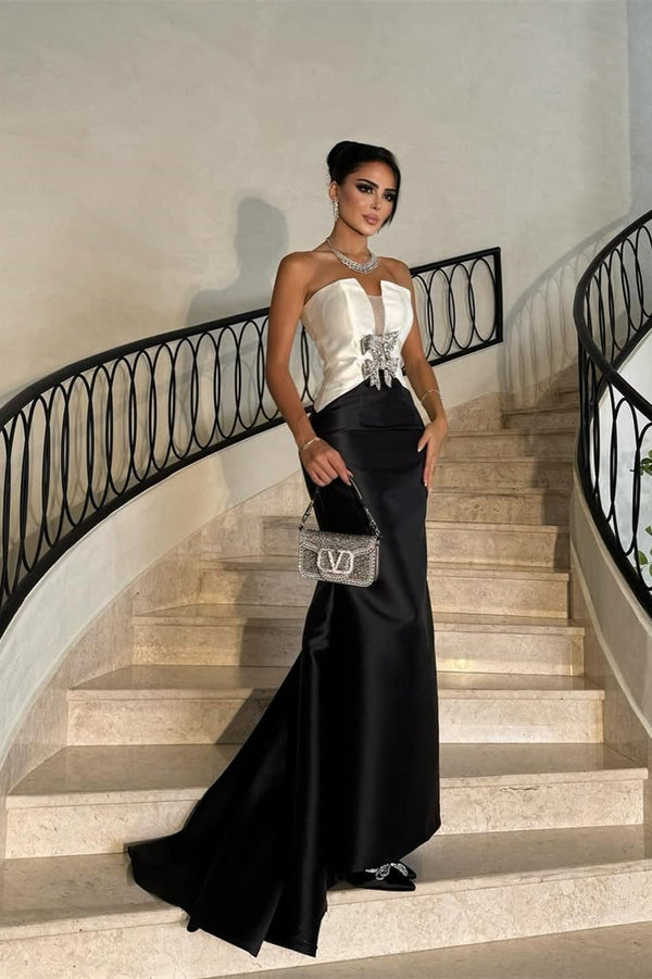 Glamorous White Black Satin Strapless Sleeveless Prom Dress Mermaid With Bow Knot