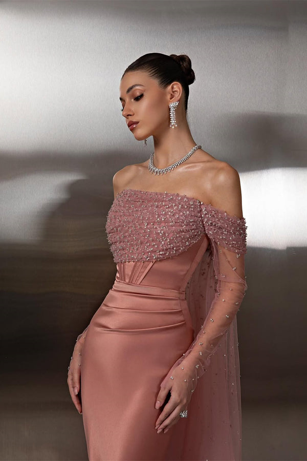 Pretty Dusty Rose Off-The-Shoulder Satin Prom Dress Mermaid Long Sleeves Beads With Ruffle