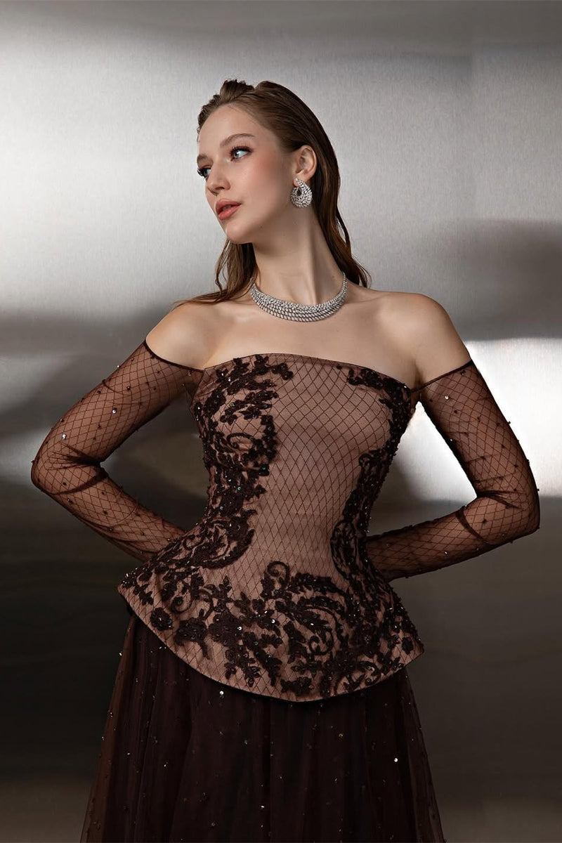 Charming Chocolate Off-The-Shoulder Tulle A-Line Prom Dress Long Sleeves With Applique Lace