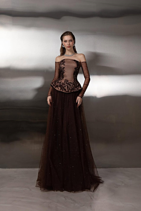 Charming Chocolate Off-The-Shoulder Tulle A-Line Prom Dress Long Sleeves With Applique Lace