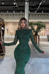 Elegant Dark Green High Collar Long Sleeves Mermaid Prom Dresses Column With Gem