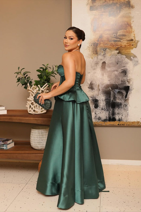Luxury Dark Green Sweetheart Strapless Satin Prom Dress A-Line Sleeveless With Lace-Up Back