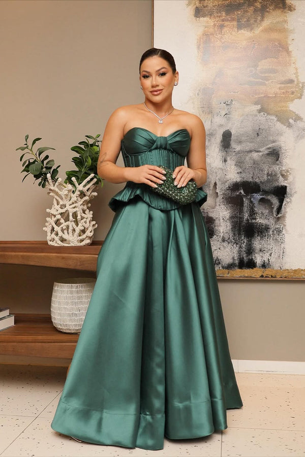 Luxury Dark Green Sweetheart Strapless Satin Prom Dress A-Line Sleeveless With Lace-Up Back