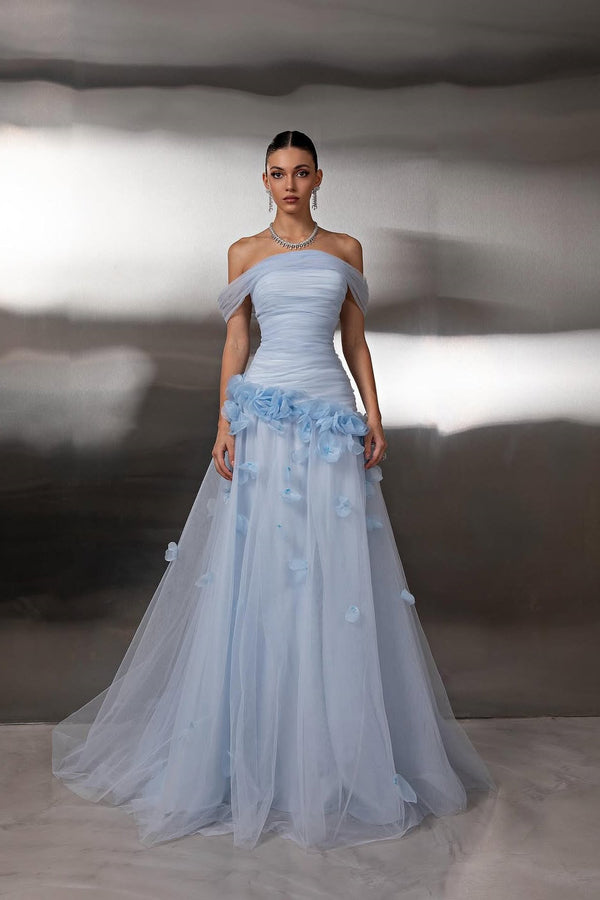 Chic Sky Blue Off-The-Shoulder Tulle A-Line Prom Dress Long With Flower Pleats
