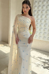 Pretty Asymmetrical One Shoulder Chiffon Mermaid Prom Dresses Column With Ruffle