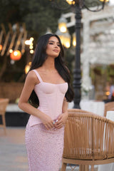 Charming Pink Straps Sleeveless Prom Dresses Sheath Gem Two-Piece Set On Sale