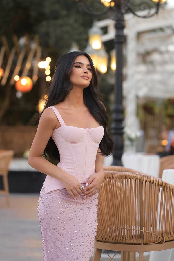 Charming Pink Straps Sleeveless Prom Dresses Sheath Gem Two-Piece Set On Sale