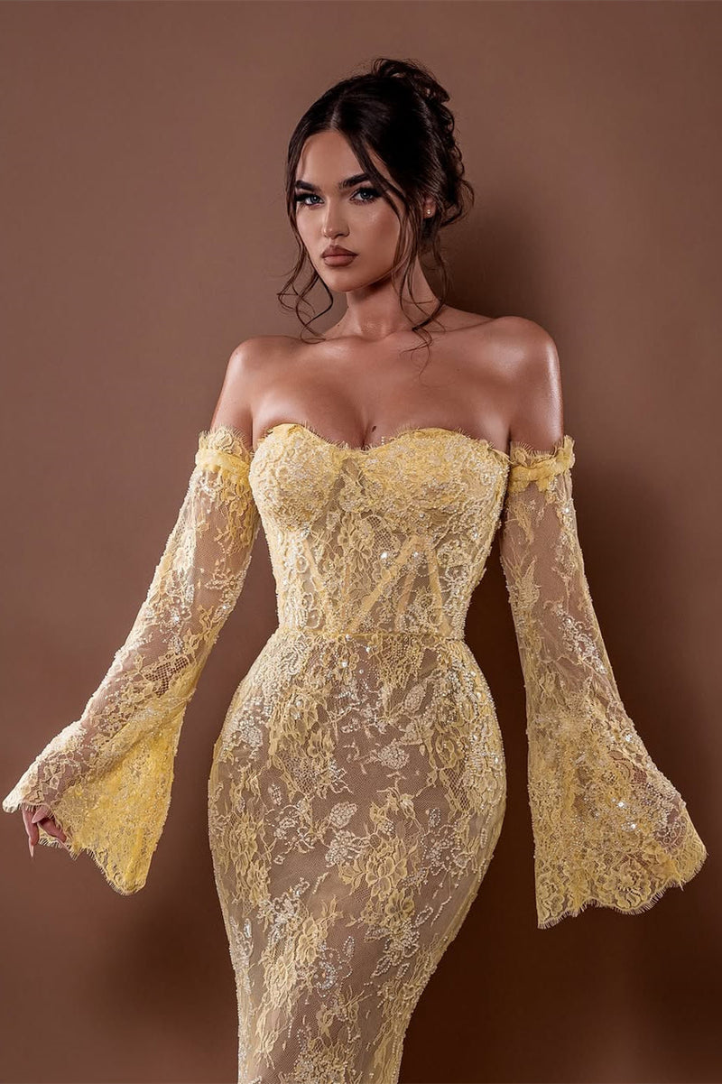 Luxury Daffodil Sweetheart Strapless Mermaid Lace Prom Dress Detachable Long Sleeves Column On Sale