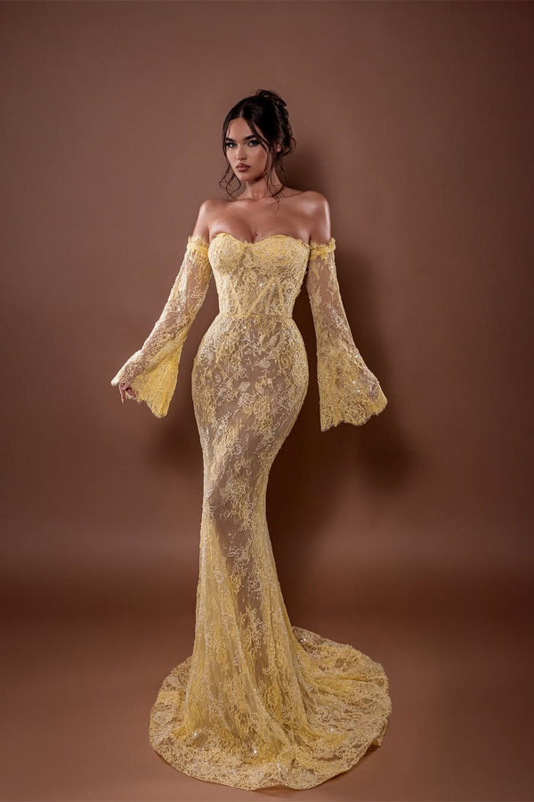 Luxury Daffodil Sweetheart Strapless Mermaid Lace Prom Dress Detachable Long Sleeves Column On Sale