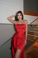 Chic Red Strapless Sleeveless Satin Mini Prom Dress Detachable With Zipper Flower
