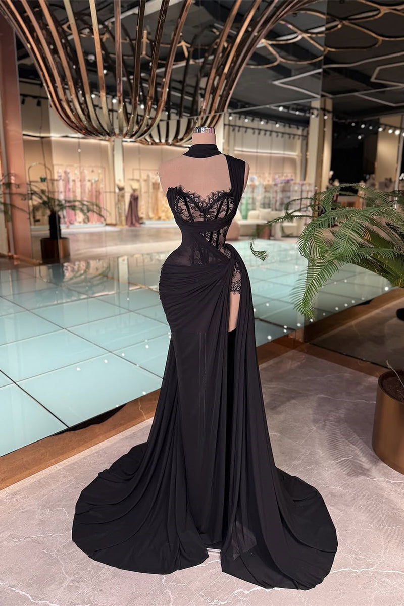 Charming Black One Shoulder Sweetheart Sleeveless Prom Dresses Mermaid Side Split Lace With Pleats