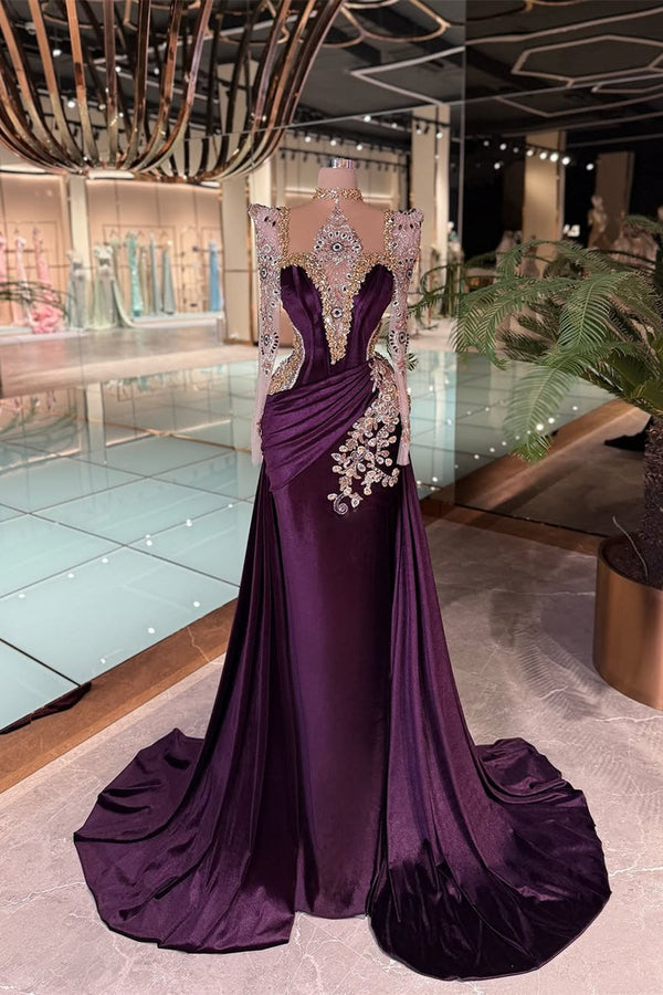 Luxury Grape Halter Long Sleeves Mermaid Prom Dresses Column Gem With Pleats