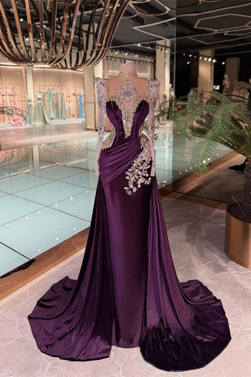 Luxury Grape Halter Long Sleeves Mermaid Prom Dresses Column Gem With Pleats