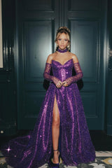 Dazzling Purple Strapless Sweetheart Sequins A-Line Prom Dresses Detachable Sleeves With High Split