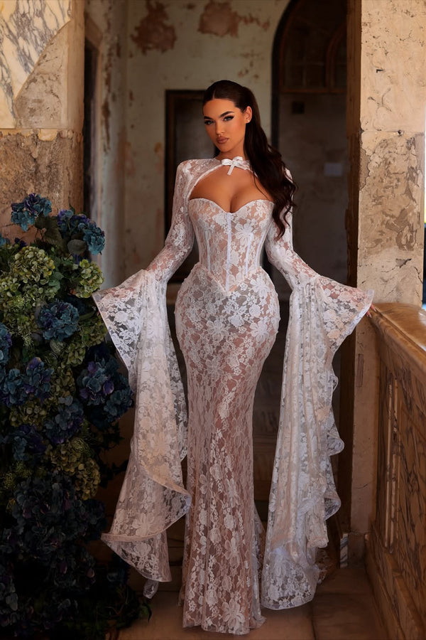 Romantic White Sweetheart Long Sleeves Lace Prom Dresses Mermaid With Zipper Lace-Up Back