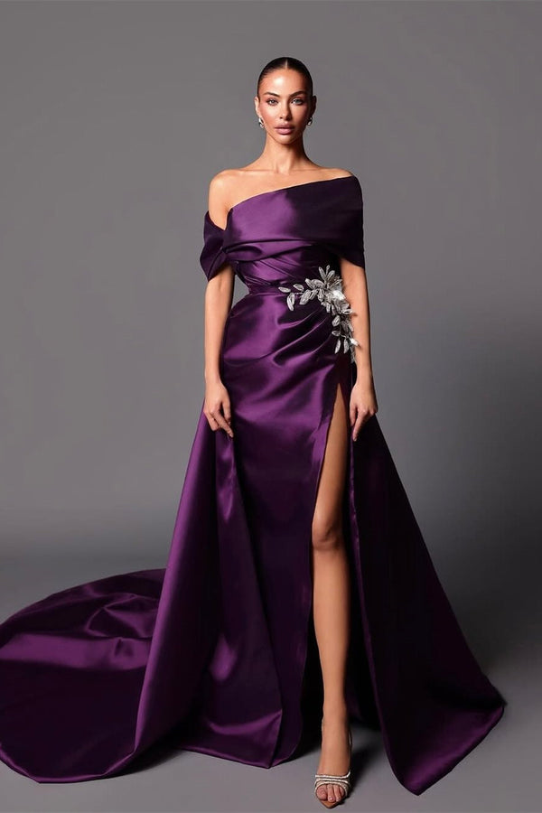 Classy Grape Off-The-Shoulder Satin Mermaid Prom Dress Detachable Skirt With Side Split