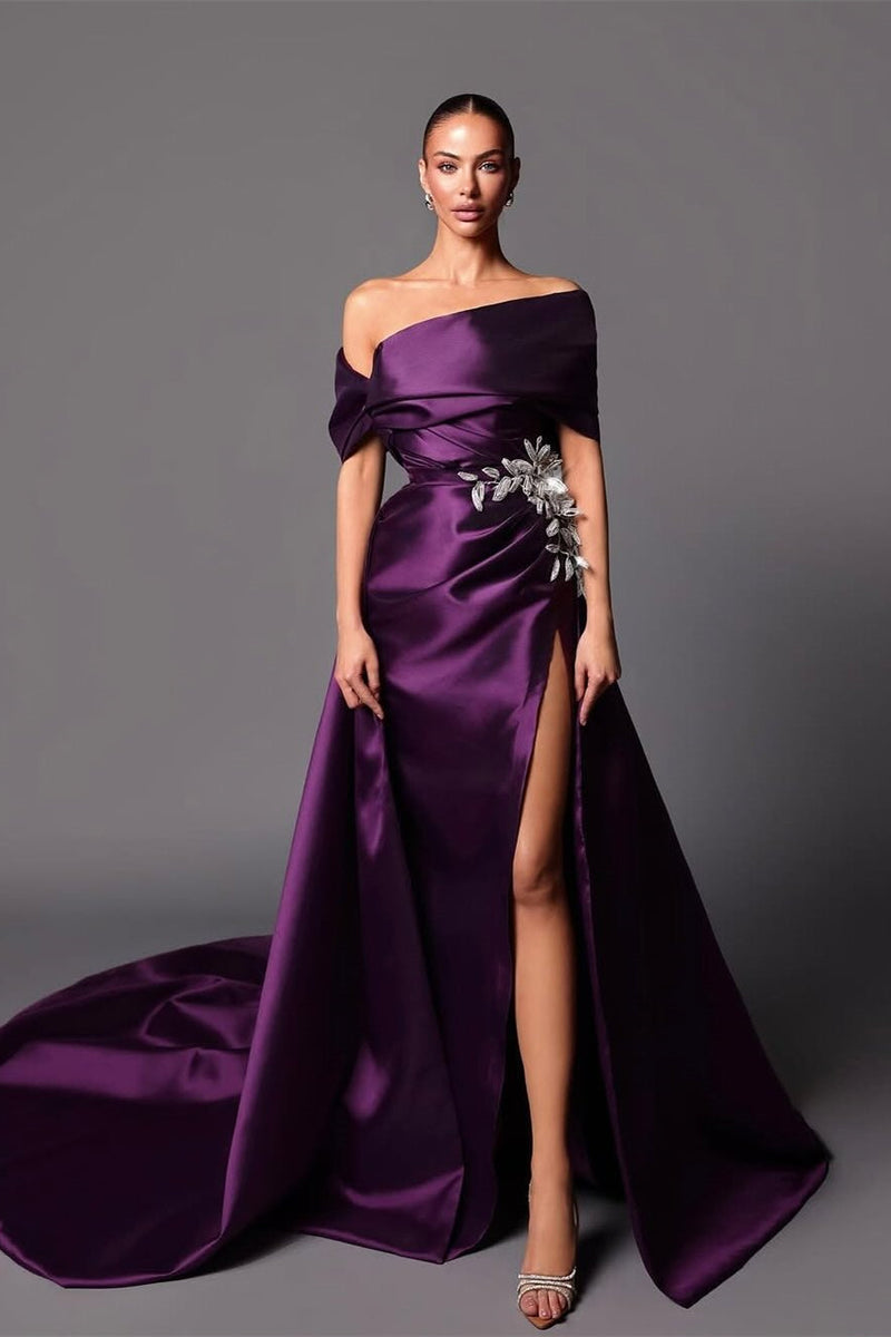 Classy Grape Off-The-Shoulder Satin Mermaid Prom Dress Detachable Skirt With Side Split
