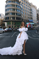 Charming White Hi-Lo Off-The-Shoulder Satin Prom Dresses Pearl Sheath On Sale