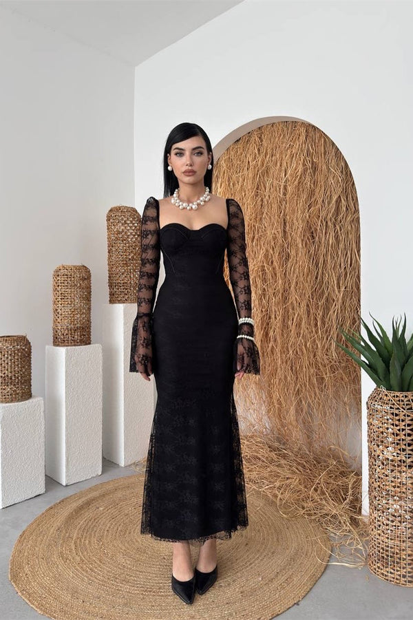 Elegant Black Sweetheart Long Sleeves Mermaid Prom Dresses Lace Column With Zipper