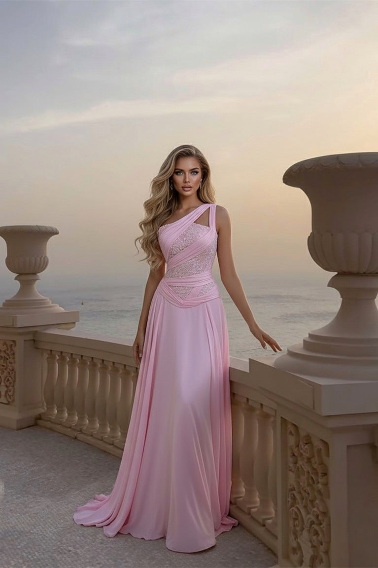 Beautiful Pink One Shoulder Chiffon Sleeveless Prom Dress A-Line Long With Pleats
