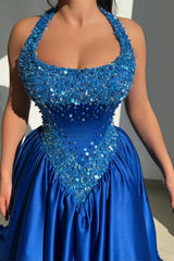 Shining Royal Blue Halter Sleeveless Satin Prom Dresses A-Line Long With Beads Pleats