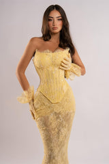 Chic Daffodil Strapless Sleeveless Lace Prom Dresses Mermaid Column With Gloves