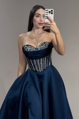 Classy Navy Blue Sweetheart Strapless Sleeveless Satin Prom Dress A-Line High Split Gem With Lace-Up Back Pockets