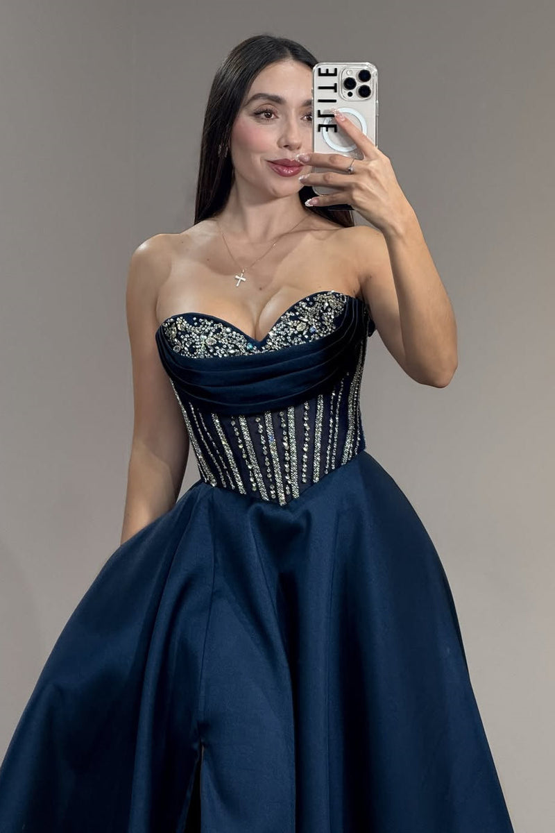 Classy Navy Blue Sweetheart Strapless Sleeveless Satin Prom Dress A-Line High Split Gem With Lace-Up Back Pockets