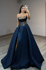 Classy Navy Blue Sweetheart Strapless Sleeveless Satin Prom Dress A-Line High Split Gem With Lace-Up Back Pockets