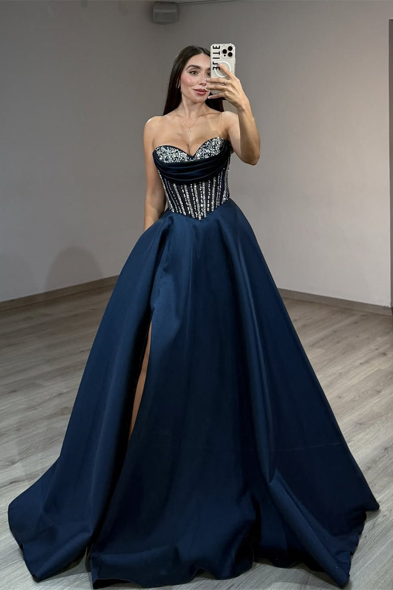 Classy Navy Blue Sweetheart Strapless Sleeveless Satin Prom Dress A-Line High Split Gem With Lace-Up Back Pockets