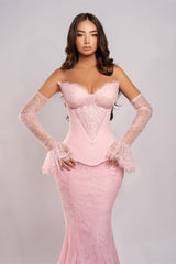 Charming Pink Sweetheart Strapless Lace Mermaid Prom Dress Detachable Long Sleeves On Sale