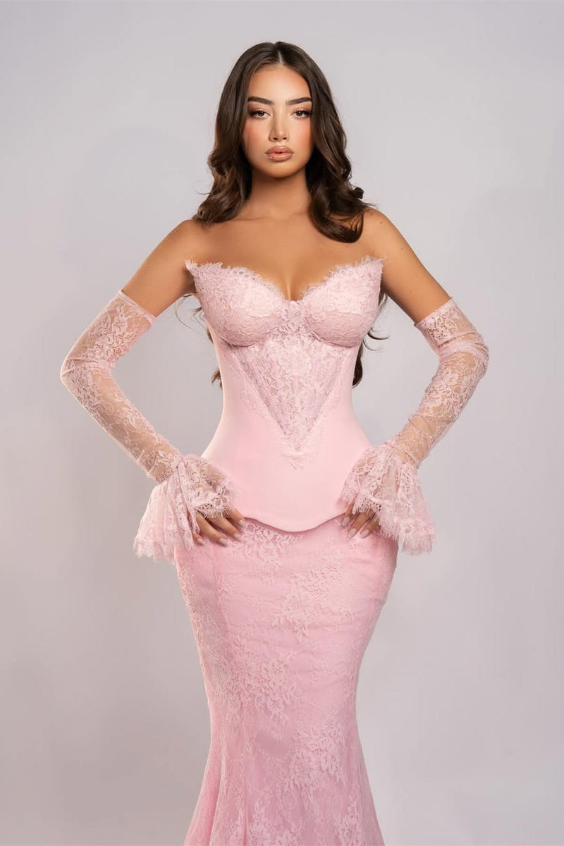 Charming Pink Sweetheart Strapless Lace Mermaid Prom Dress Detachable Long Sleeves On Sale