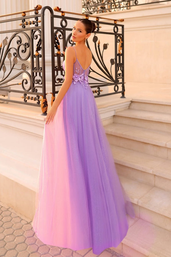 Beautiful Lilac Spaghetti-Strap Sleeveless Tulle Prom Dress A-Line With Zipper Flower