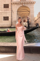 Sparkling Pink Square Straps Satin Prom Dresses Mermaid Column With Gloves