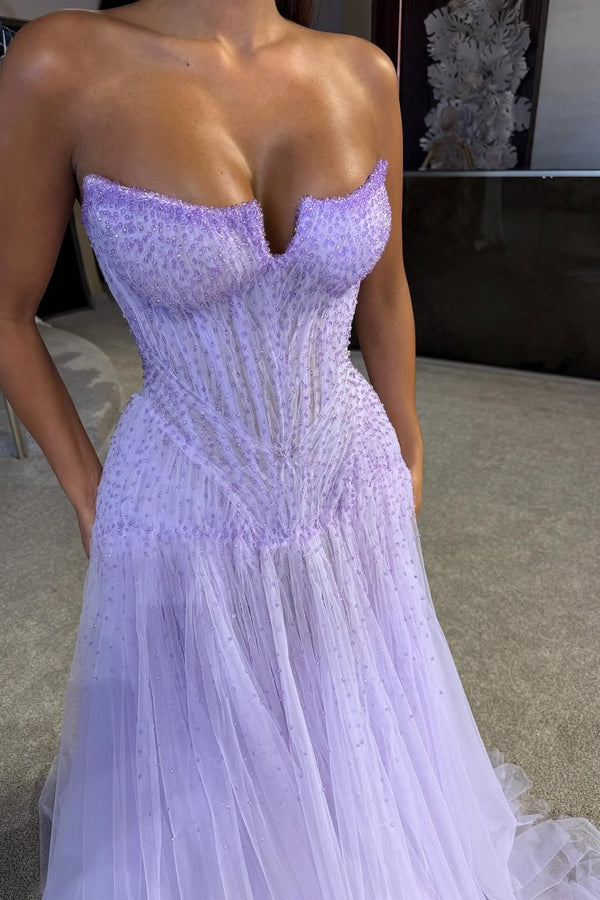 Gorgeous Lilac Strapless Sleeveless Tulle Prom Dress A-Line Beads With Pleats
