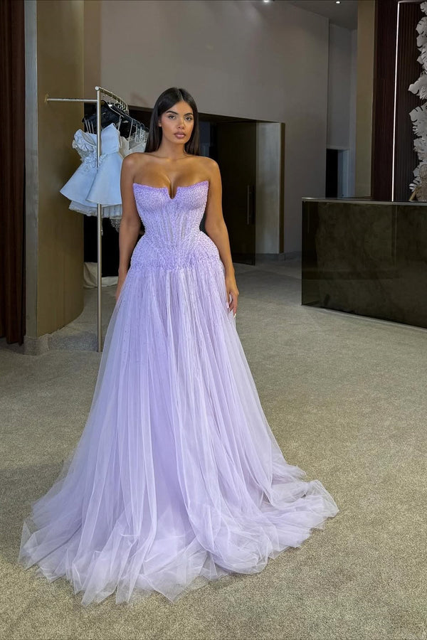 Gorgeous Lilac Strapless Sleeveless Tulle Prom Dress A-Line Beads With Pleats