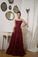 Shining Burgundy Spaghetti-Strap Sleeveless Sequins Prom Dress A-Line Long With Beads