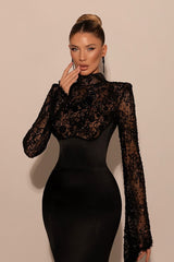 Luxury Black High Collar Long Sleeves Lace Prom Dresses Mermaid Column With Zipper