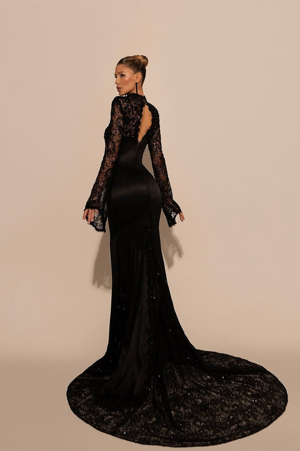 Luxury Black High Collar Long Sleeves Lace Prom Dresses Mermaid Column With Zipper